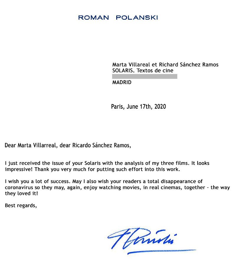 Carta de Roman Polanski por la publicación del libro “Trilogía de los Apartamentos” de SOLARIS, Textos de cine
